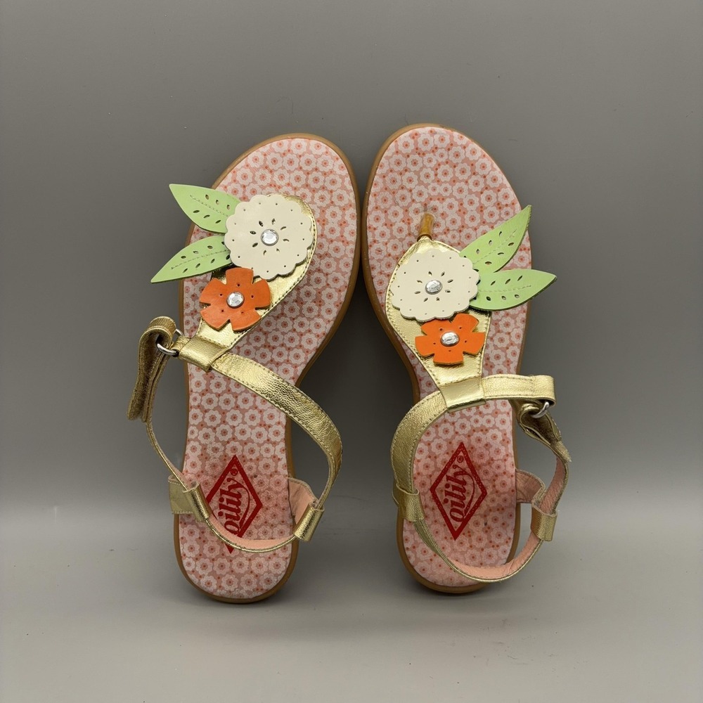 Oilily Sandals Womens Size 36 Gold Thong Floral Rhinestone Strap Cute Colorful - Picture 7 of 12